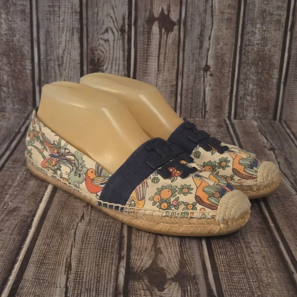 Sz 7.5 Womens Tory Burch Weston Espadrille Blue Bird Floral Print Canvas Shoes - Picture 3 of 7